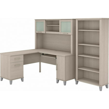 UPC: 0042976138721 | Bush Furniture Somerset 60  L-Shaped Desk with Hutch and 5-Shelf Bookcase Sand Oak (SET010SO)