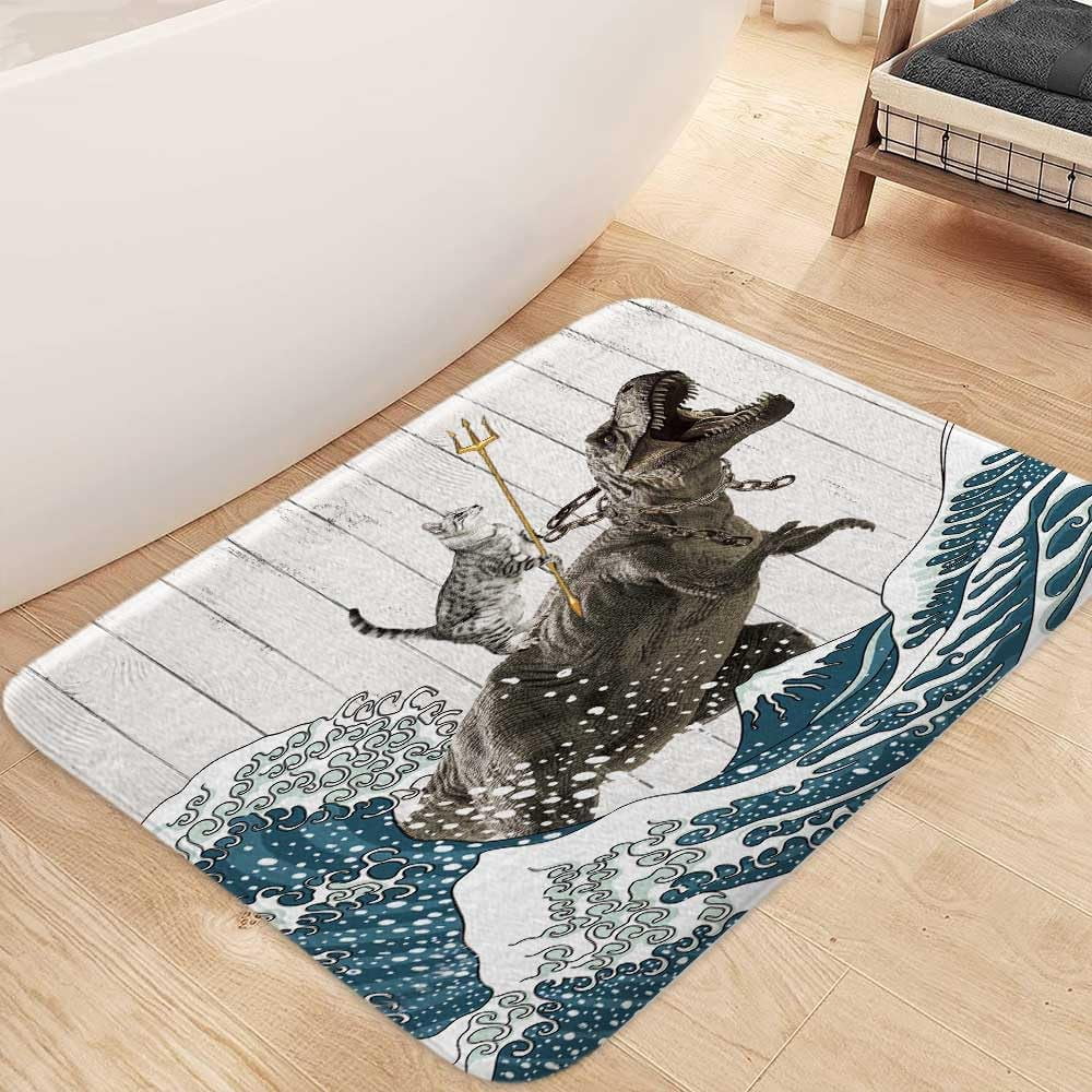 Funny Cat Bath Mat, Cool Cat Dinosaur Japanese Ocean Wave Decor Soft Bathroom Rugs, Rustic Wooden Barn Farmhouse Bath Mat, 17X48in