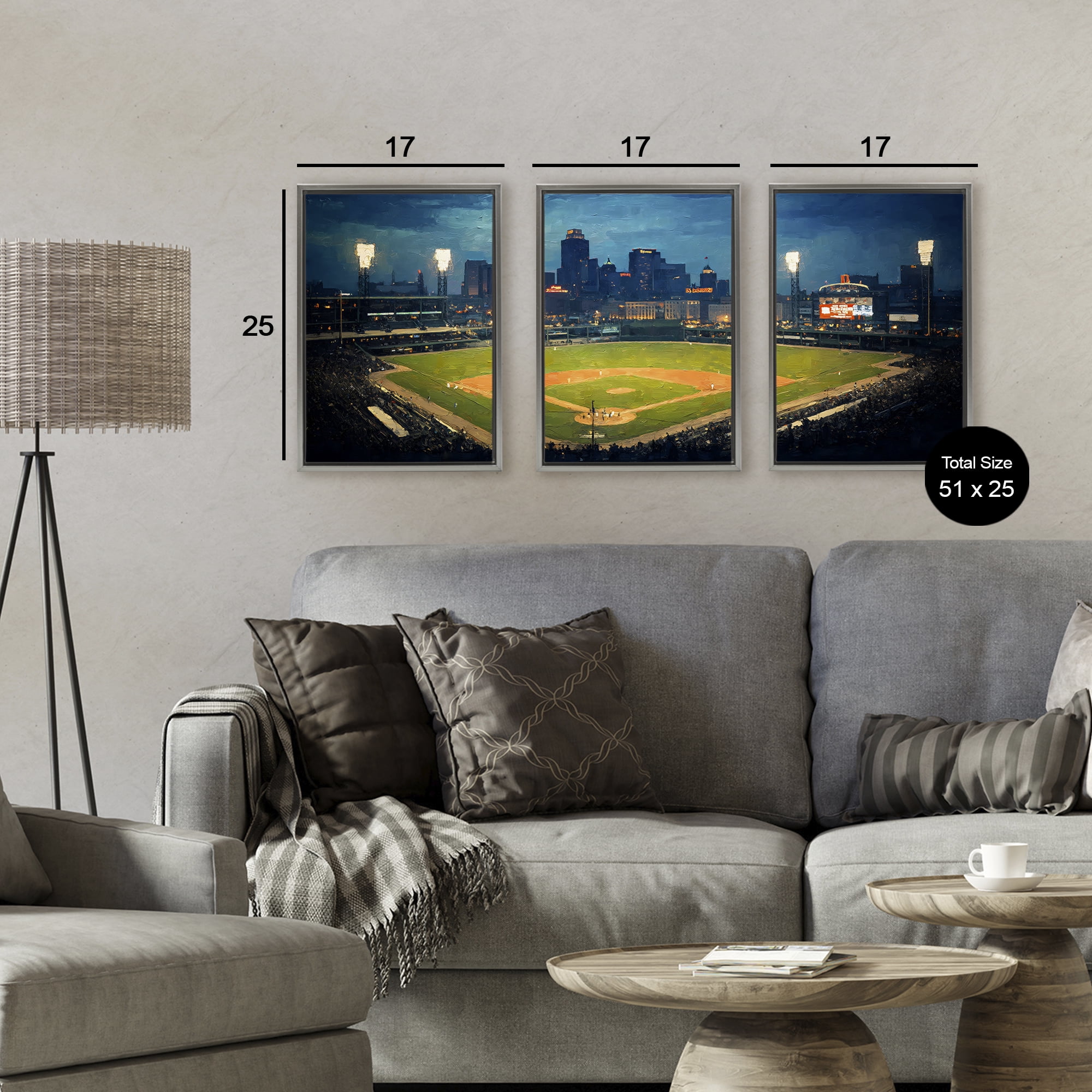 Stupell Industries Baseball Stadium Night View 3 Piece Gray Framed Floater Canvas Set, design by Arlington Prints
