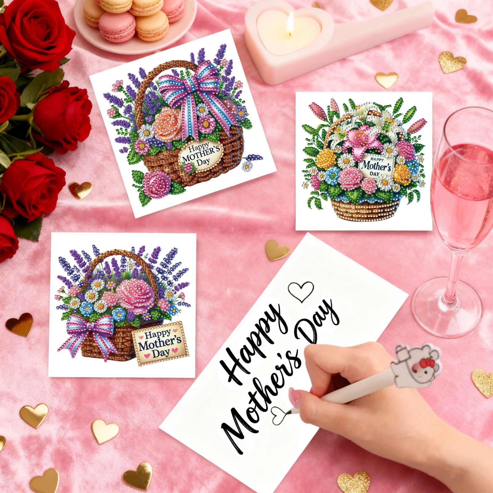 FLOPESN DIY Mother's Day Diamond Art Greeting Card Kit with White Envelope, 5.91X11.81in Flower Basket Theme, Creative Design Blessing Gift Folding Card Set