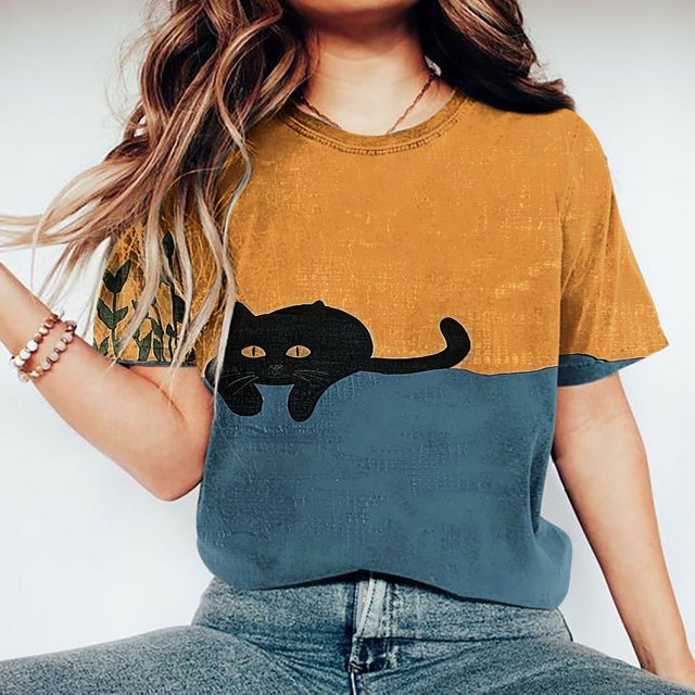Qiopertar Blouse à Manches Courtes Imprimée Décontractée Style Mignon pour Femmes, Col Rond, Grandes Économies de Vacances! Liquidation à Moins de 5$ Livraison Gratuite