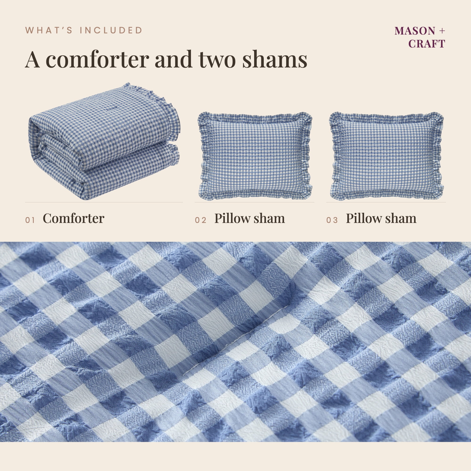 Mason & Craft 3 Piece Blue Gingham with Ruffle Comforter Set, Full/Queen