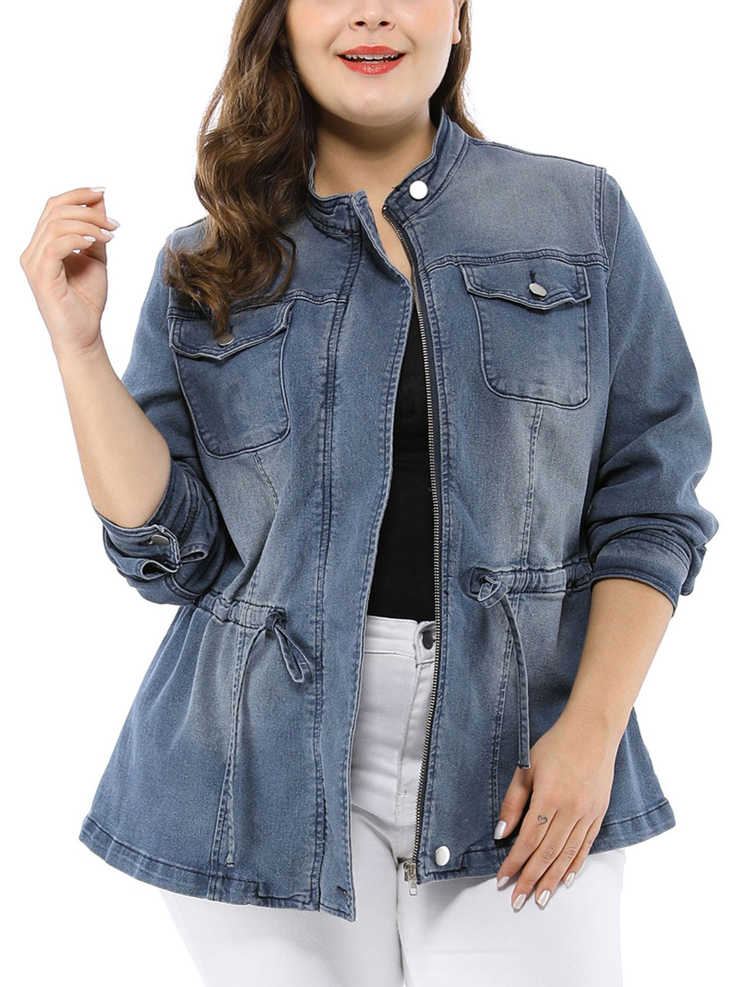 Unique Bargains Women's Plus Stand Collar Zipup Drawstring Denim