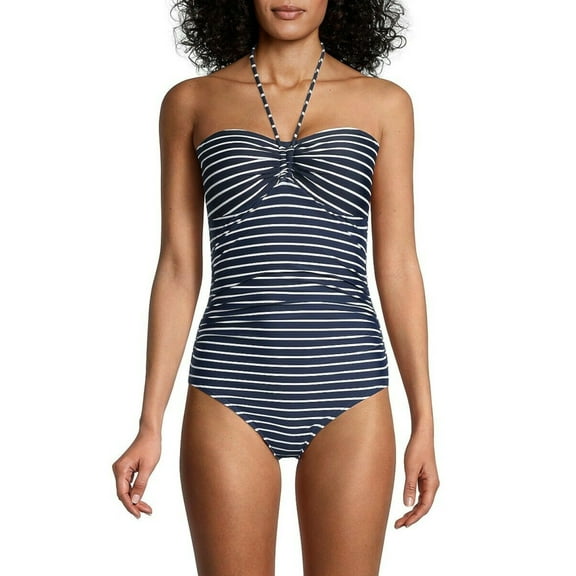 TOMMY HILFIGER Women's Navy Striped Stretch Tie Bandeau Neck Lined Moderate Coverage Molded Cup One Piece Swimsuit 14