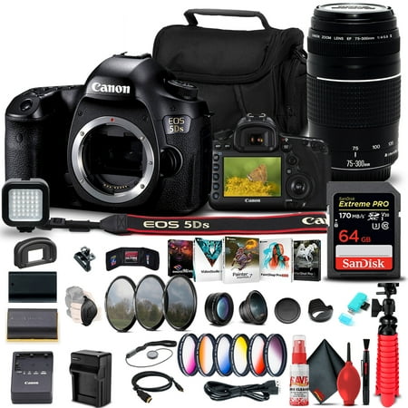 Canon EOS 5DS DSLR Camera (Body Only) (0581C002) + Canon EF 75-300mm f/4-5.6 III Lens (6473A003) + 64GB Memory Card + Color Filter Kit + Filter Kit + 2 x LPE6 Battery + External Charger + More