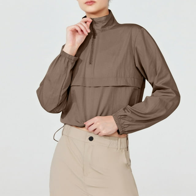Jsaierl Women's Athletic Jackets Half Zip Up Crop Tops Stand Collar Windproof Sun Protection Jackets Solid Outdoor Workout Jackets