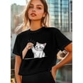 thumbnail image 6 of Women's T-Shirt Single Line Drawing Cute White Cat Line Short Sleeve Casual Tee Classic Crew Neck T Shirt for Women Black, M, 6 of 7