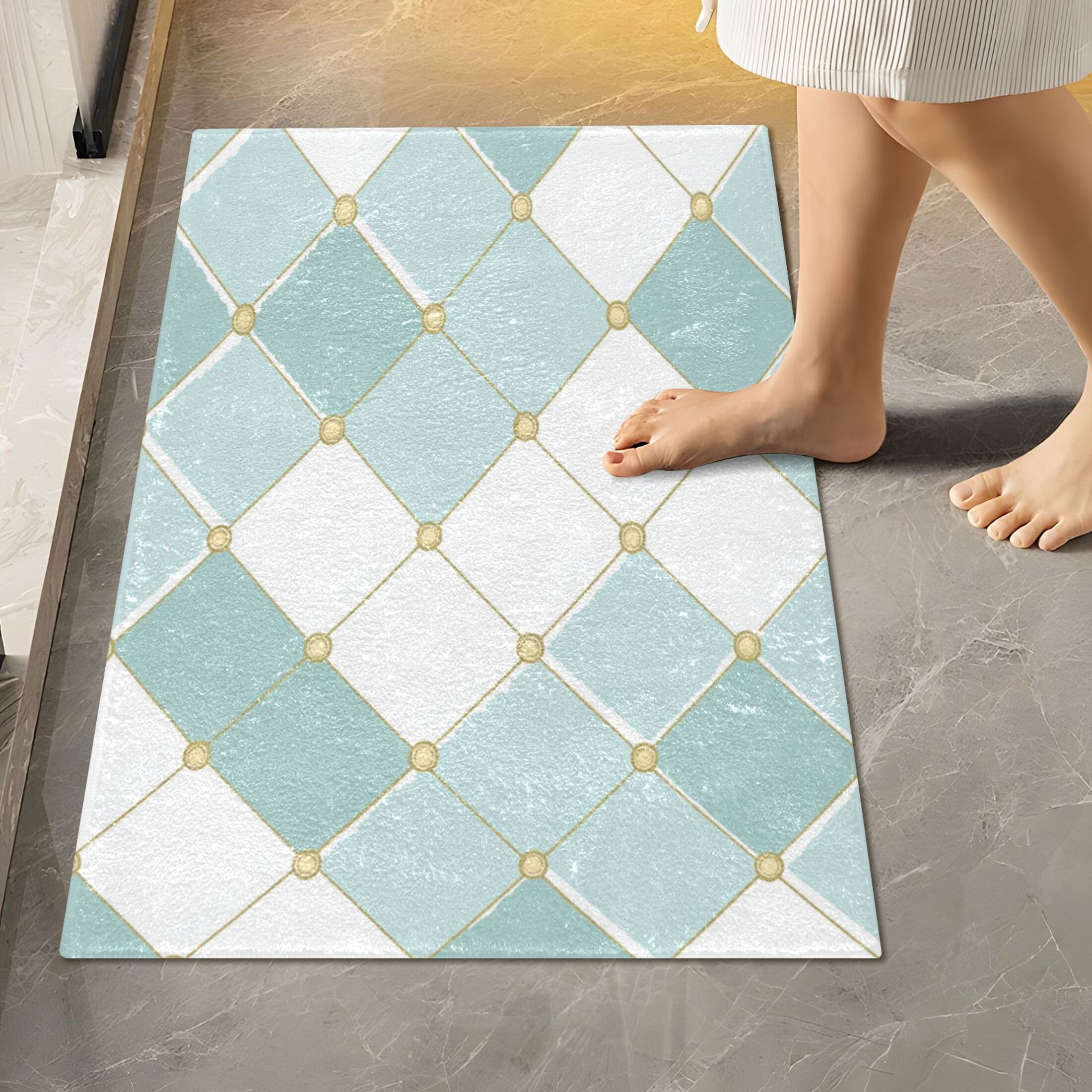 2 Piece Soft Bathroom Rug Set Pastel Teal Diamond Plaid Bath Mat and U-Shaped Toilet Contour Rug (16"x24"+20"x24")
