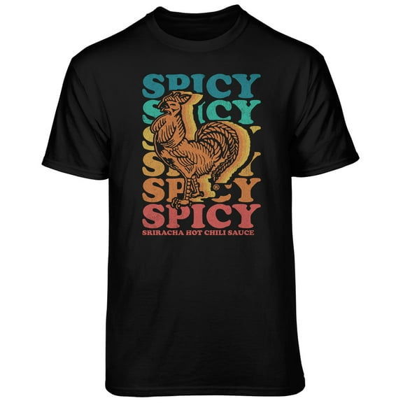 Teelocity Men's Sriracha Spicy Spicy Color Repeat Hot Chili Sauce Label Black Relaxed Fit Short Sleeve Graphic T-Shirt