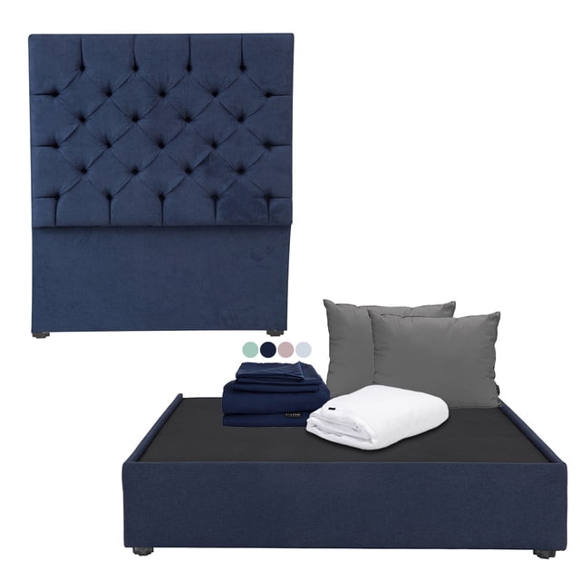 Box Base Cama Queen Size + Cabecera Capri Dicasa Azul Marino + Almohada 2Pack + Protector Cloud + Sábanas Softy