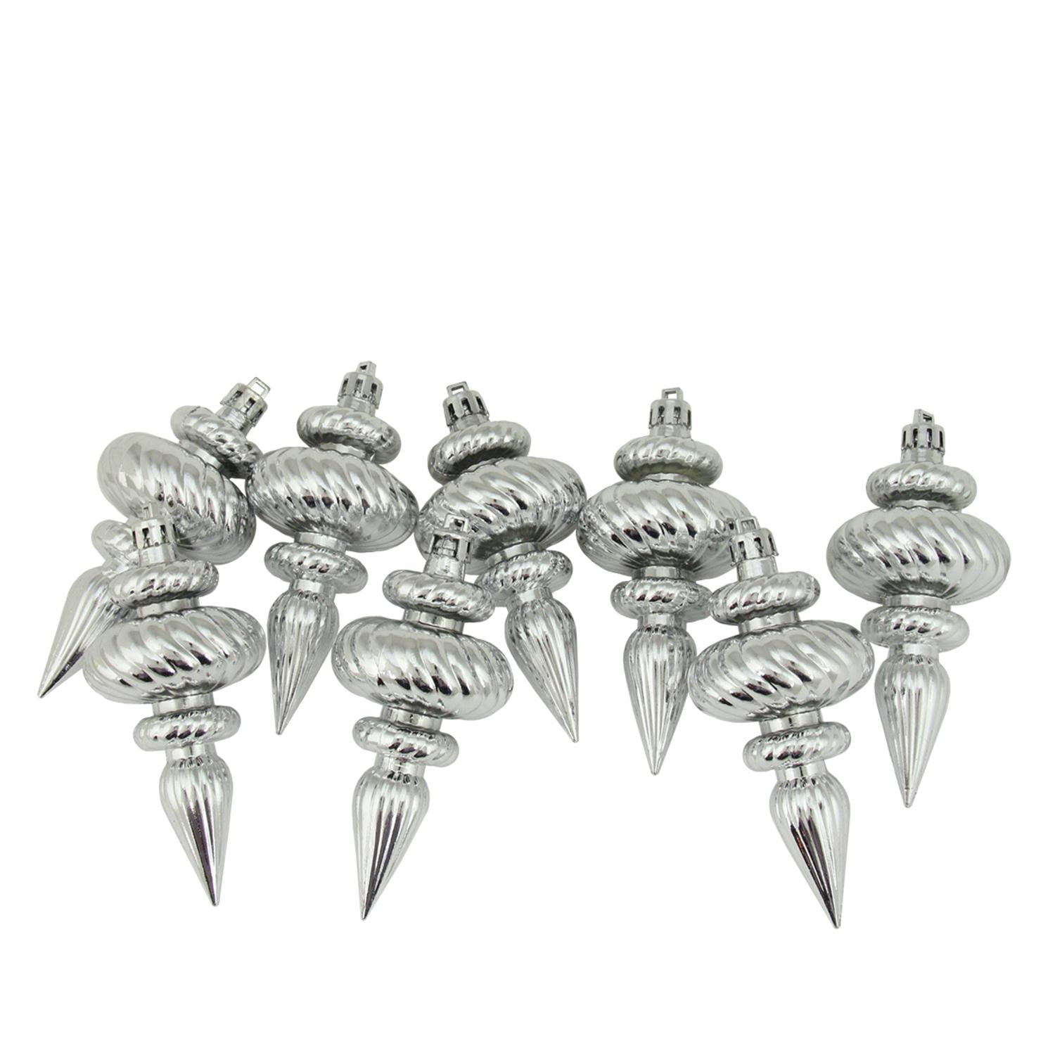 8ct Shiny Silver Swirl Shatterproof Christmas Finial Ornaments 4.25