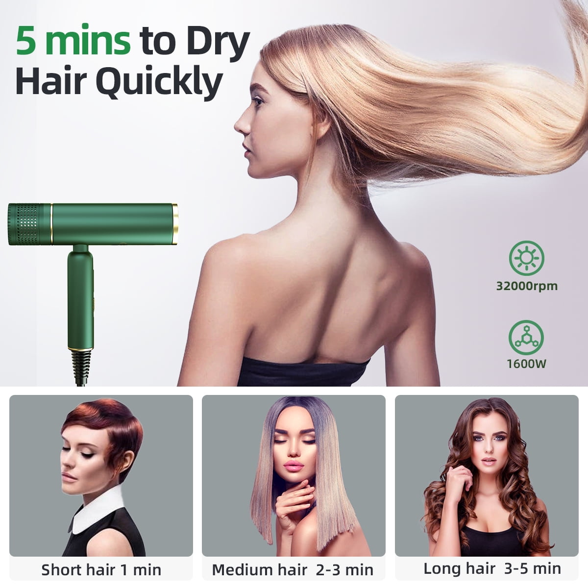 Hair Dryer for Women, Travel Hair Dryer, Powerful Ionic BlowDryer for Fast Drying, Lightweight Portable HairDryer, 3 Temperature 2 Speed Settings, Folding Handle for Compact with Storage Bag,Green