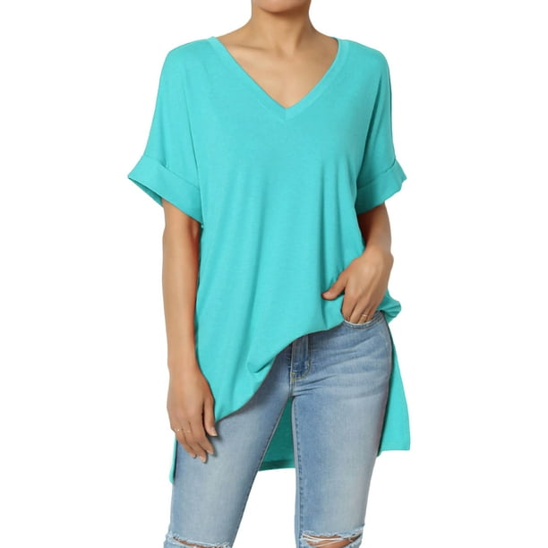 Women's Summer Casual V-Neck Rolled Short Sleeve Hi-Low Side Slit Tunic ...