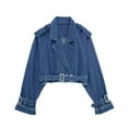 thumbnail image 7 of Summer New Retro Washed Distressed Belt Lapel Loose Denim Short Jacket-Dark Gray-XS, 7 of 7