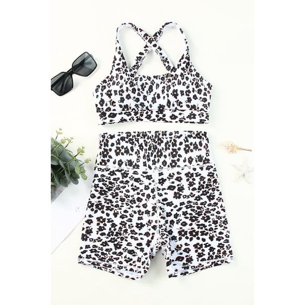 ABPHQTO Conjunto de bikini de cintura alta con cuello en U cruzado estampado negro para mujer