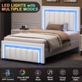 thumbnail image 5 of 4 EVER WINNER Twin Size Bed Frame with LED Lights, Velvet Upholstered Adjustable Diamond Headboard, Wooden Slats Support, Noise Free, No Box Spring Needed, White, 5 of 9