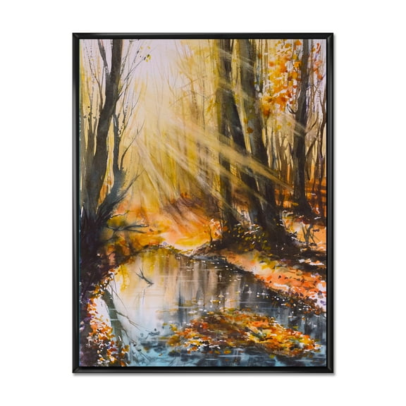 Designart 'Bright Sunshine Through The Brown Forest Trees' Lake House Framed Canvas Wall Art Print