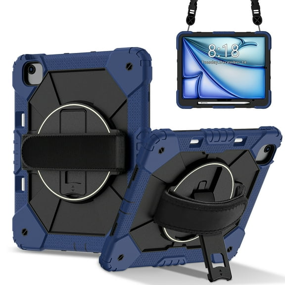 ELEHOLD Rugged Hybrid Case For iPad Air 13-inch M3 (2025) / M2 (2024), Built-in Kickstand 360° Rotating Handstrap Pencil Holder Shockproof Case With Shoulder Strap , Navyblue Black