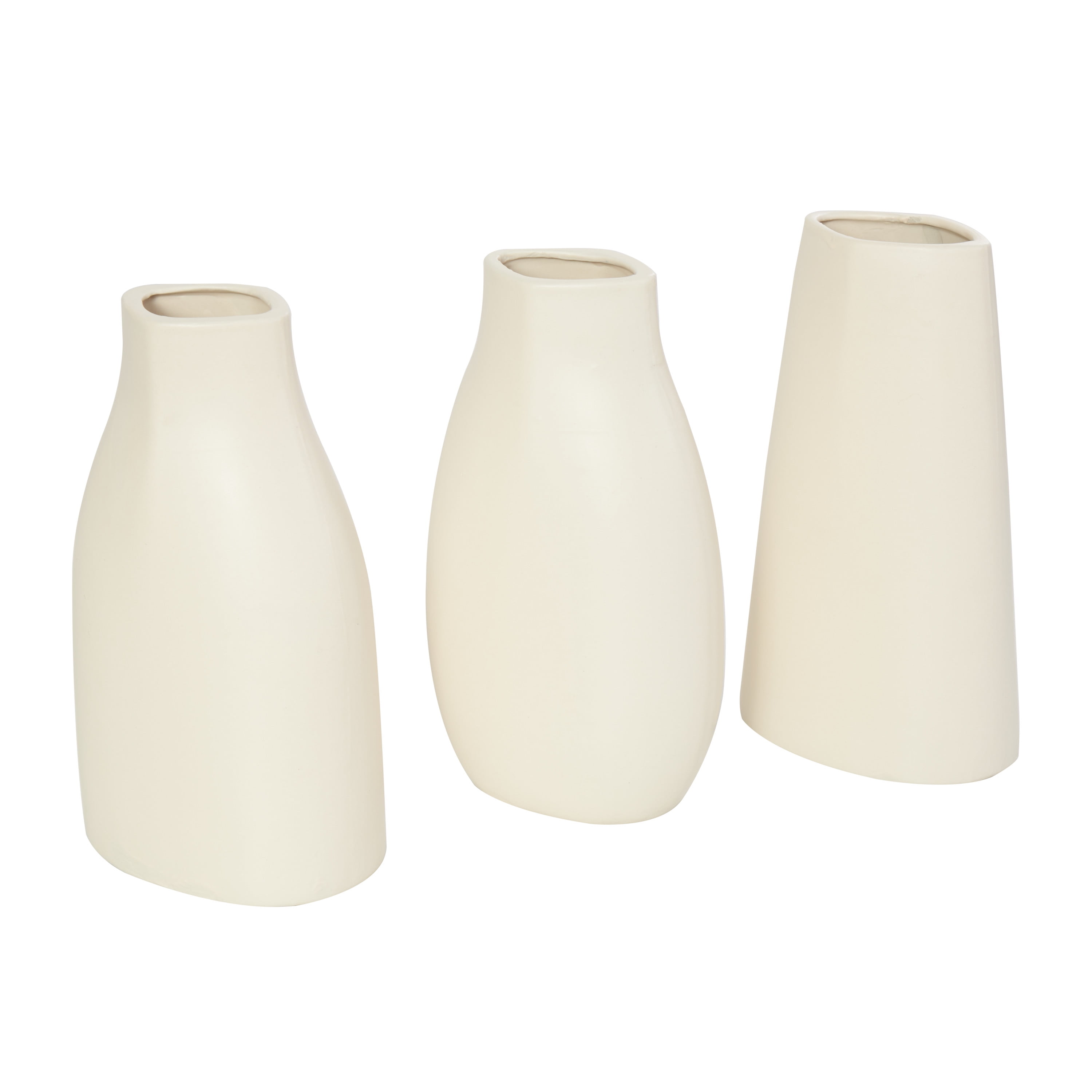DecMode 5"W, 9"H Minimalistic Dimensional Cream Ceramic Vase with Varying Shapes, Set of 3