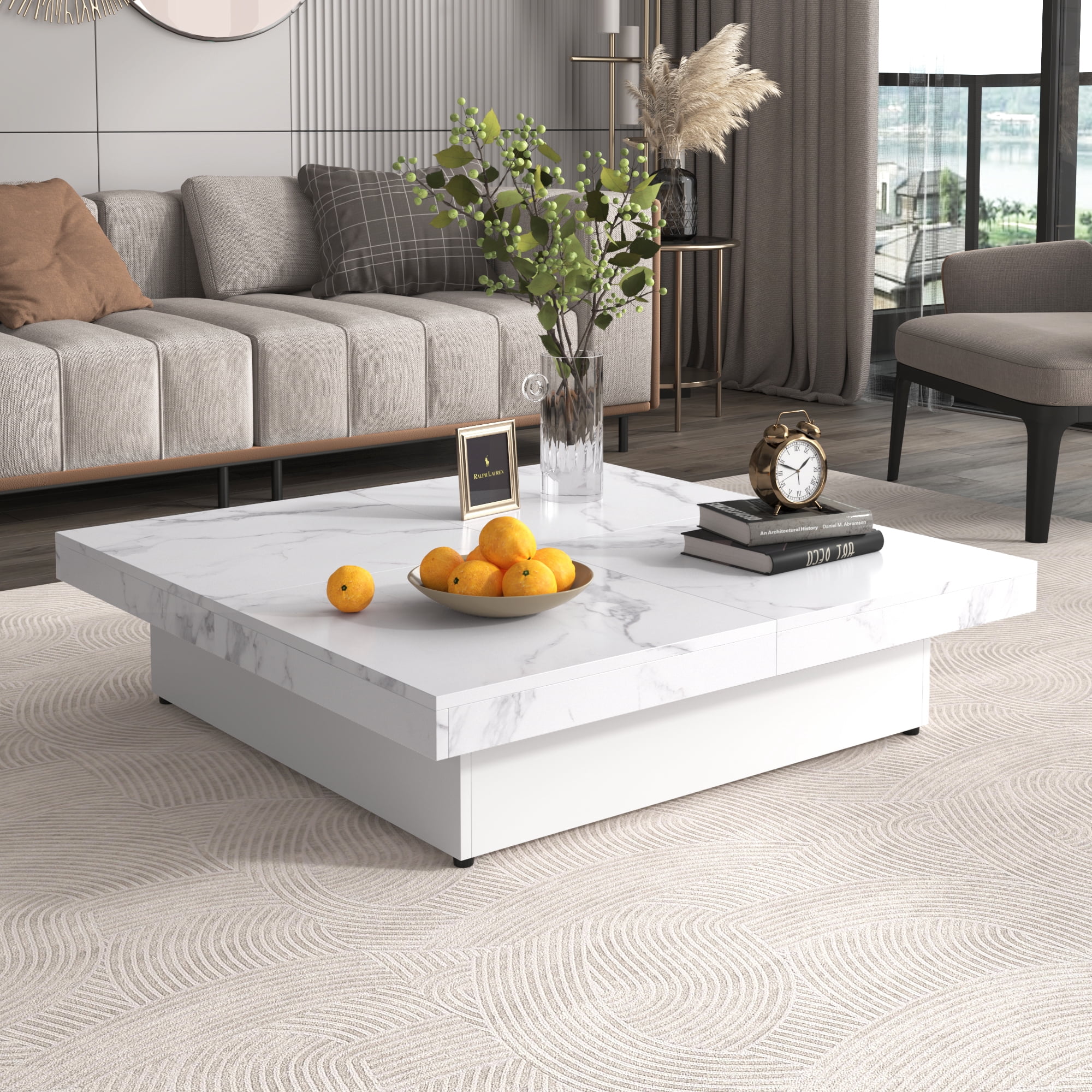 Euroco Modern Coffee Table with Sliding Top, Hidden Storage, Square Design, MDF Construction for Living Room