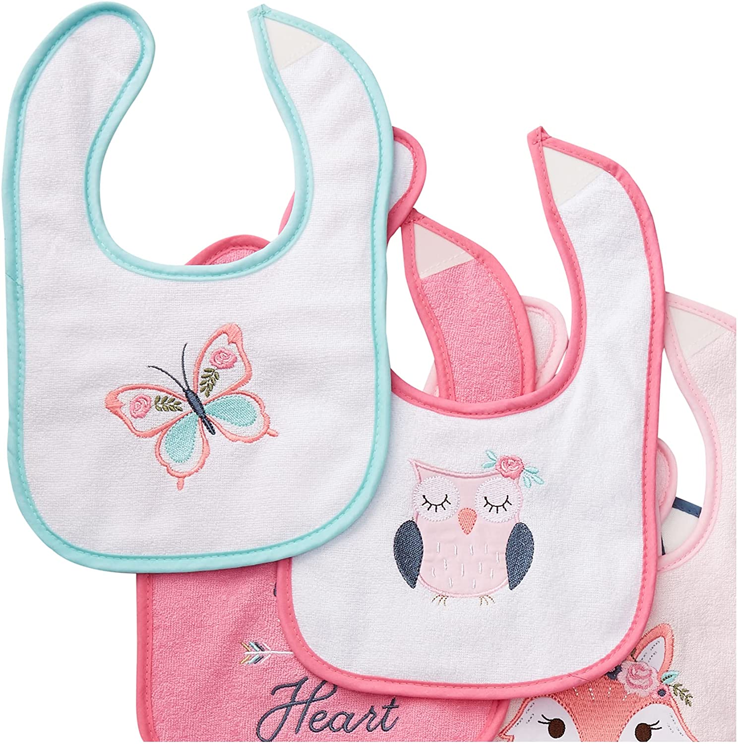 Hudson Baby Infant Girl Cotton Terry Drooler Bibs with Fiber Filling 10pk, Girl Fox, One Size