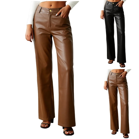 zaveiop Women's Faux Leather Pants Button PU Jeans Straight Wide Leg Trousers with Pockets (Black, S)