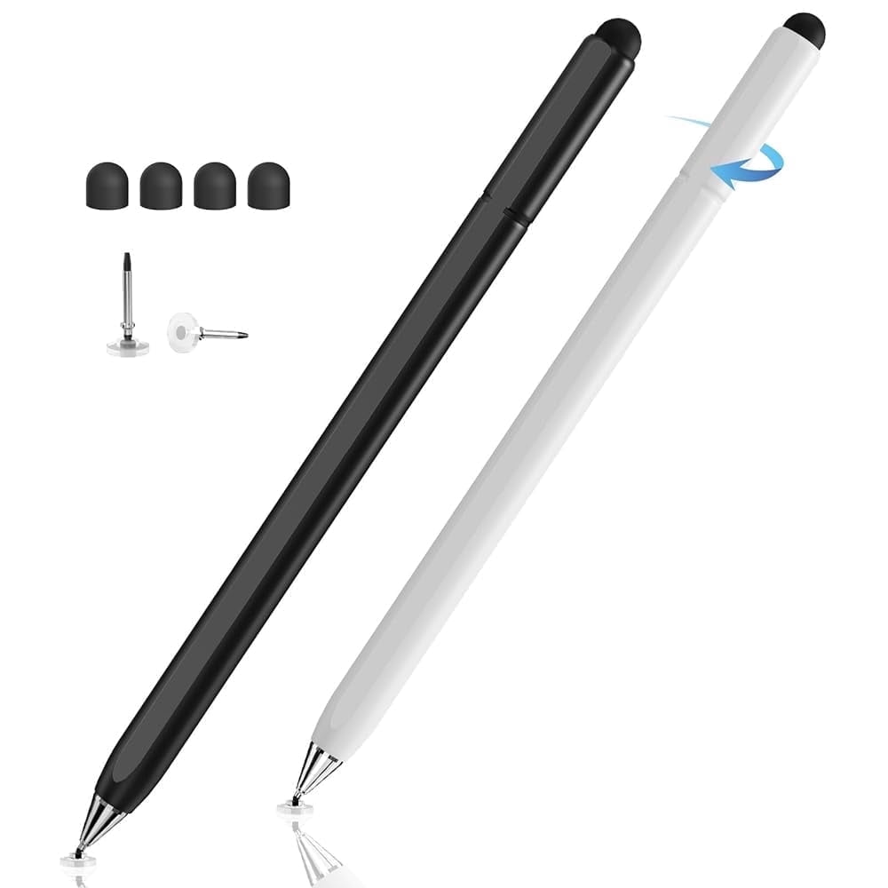 MEKO 2-in-1 Stylus Pen for Touchscreen, Magnetic Body with Hidden Disc Tip, Universal Stylus for iPhone iPad Android Tablets Chromebook, Compatible with All Touch Screens, 2 Pack Black White