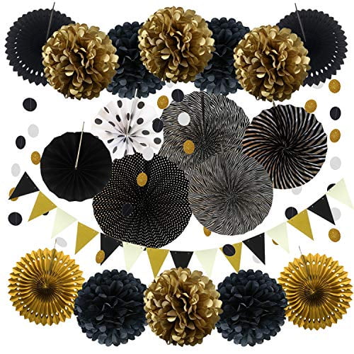 Paper Bunting Flags and Polka Dot String for Wedding Birthday Baby Shower Christmas Party Decorations 21 pcs Hanging Paper Fans Pom Pom Flowers Cojoy Black and Gold Party Decoration Set 