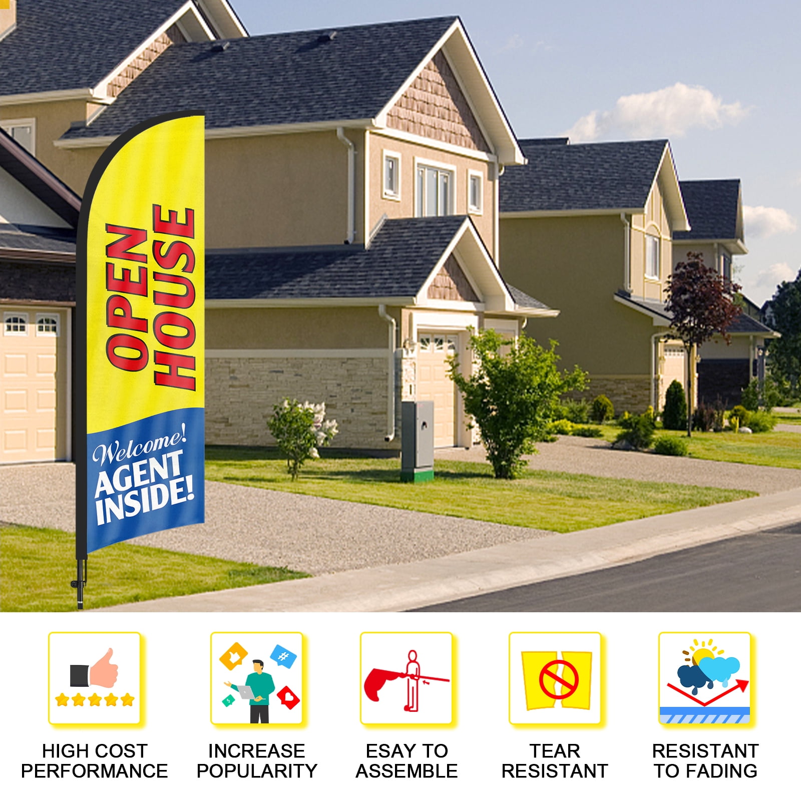QSUM Open House Feather Flag with Flag Pole Kit and Ground Spike, 7FT Open House Windless Flag Banner Sign Business for Welcome Agent Inside Outdoor Advertising Sign Decoration Display（Yellow）
