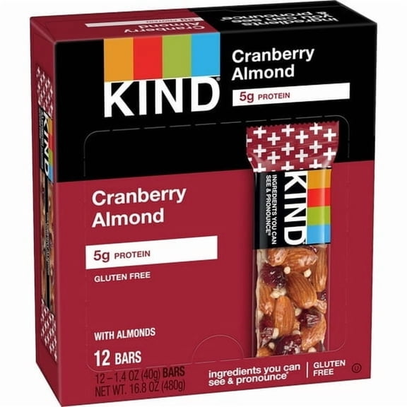 KIND Cranberry Almond Nut Bars – 12ct, 1.4 oz Each (16.8 oz Total), 5g Protein, Gluten-Free Snack Bars