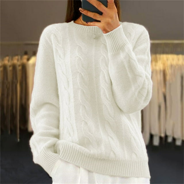 Frostluinai Sweaters for Women Long Sleeve Cable Knit Sweaters Crew Neck Lightweight Fall Sweaters Basic Solid Color Comzy Soft Sweaters