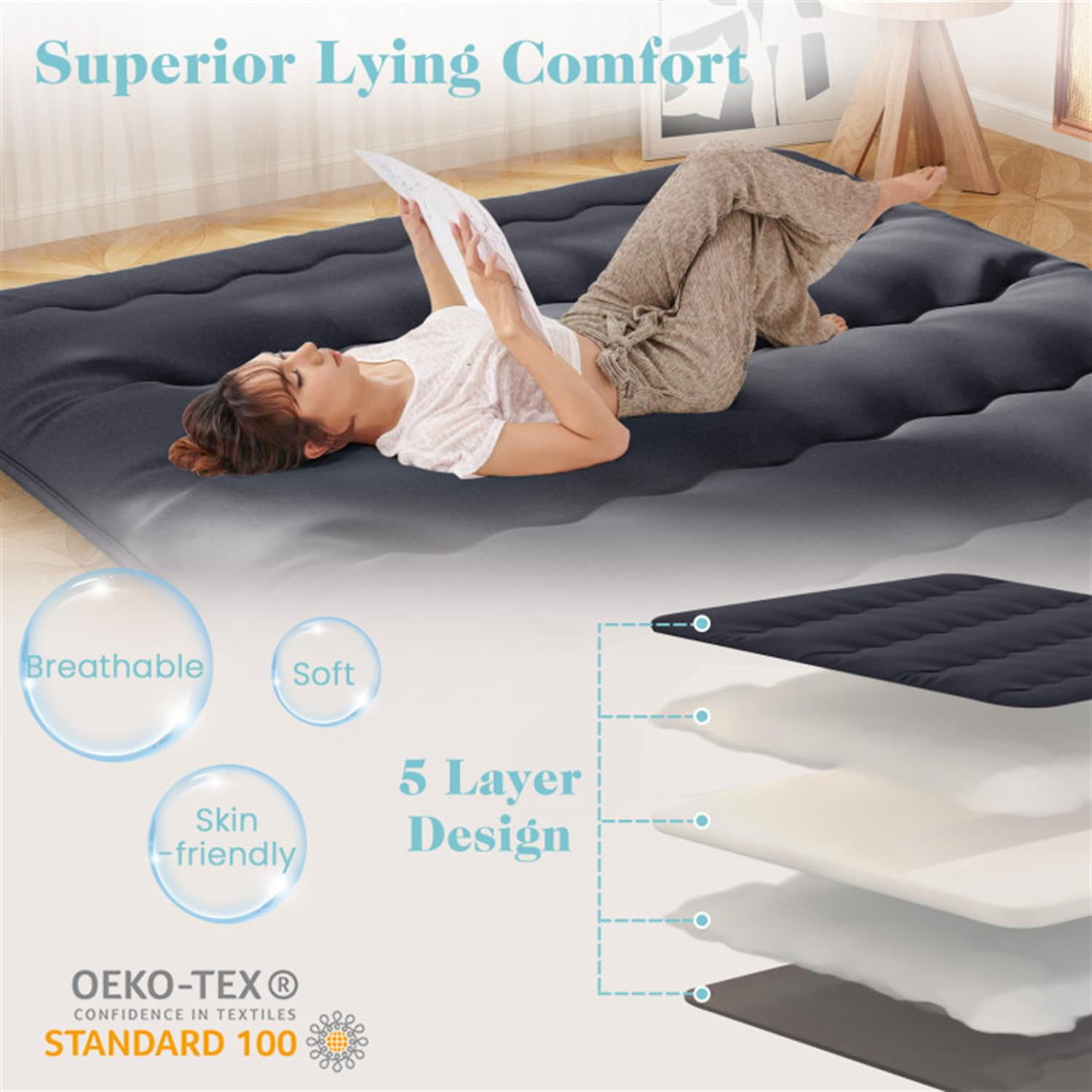 Demi Bonn Futon Mattress with Washable Cover and Foldable Mat, 4" Thicken Floor Mattresses Dormitory Mattress Pad Floor Lounger, King Size