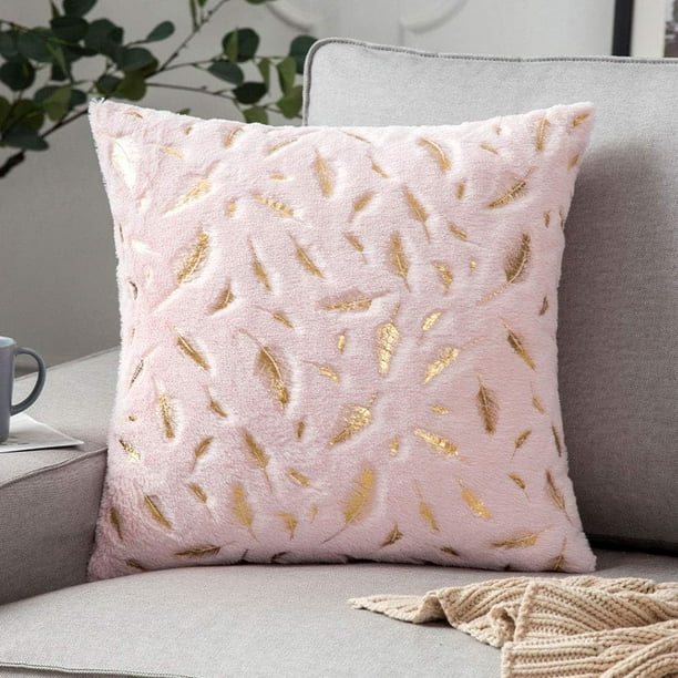 Xiao Hua Funda de cojín de piel sintética con hojas doradas, súper suave y cuadrada (rosa claro, 45 x 45 cm)