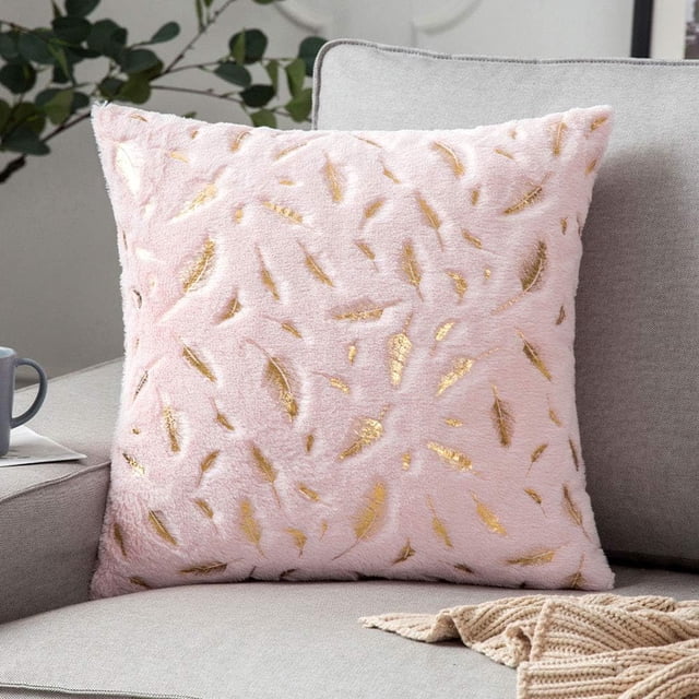 Xiao Hua Funda de cojín de piel sintética con hojas doradas, súper suave y cuadrada (rosa claro, 45 x 45 cm)