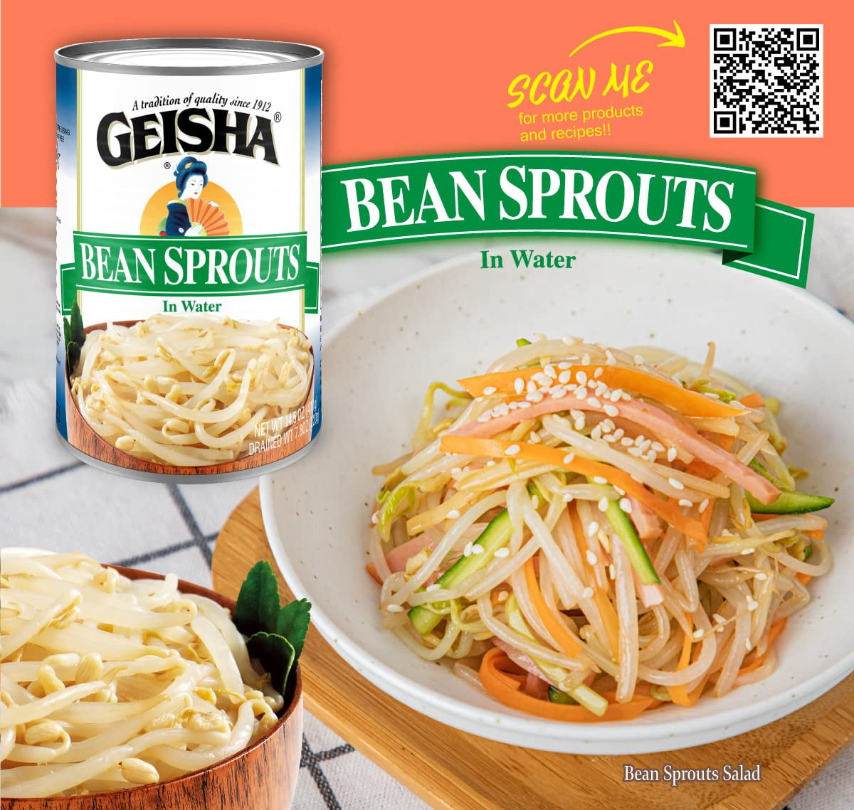 GEISHA Bean Sprouts In Water 14.5OZ. (Pack of 12), Bean Sprouts | Kosher Certified － No Transfat － Gluten Free－Less than 100 Calories per Container － Ready to Eat －Long Selling Item