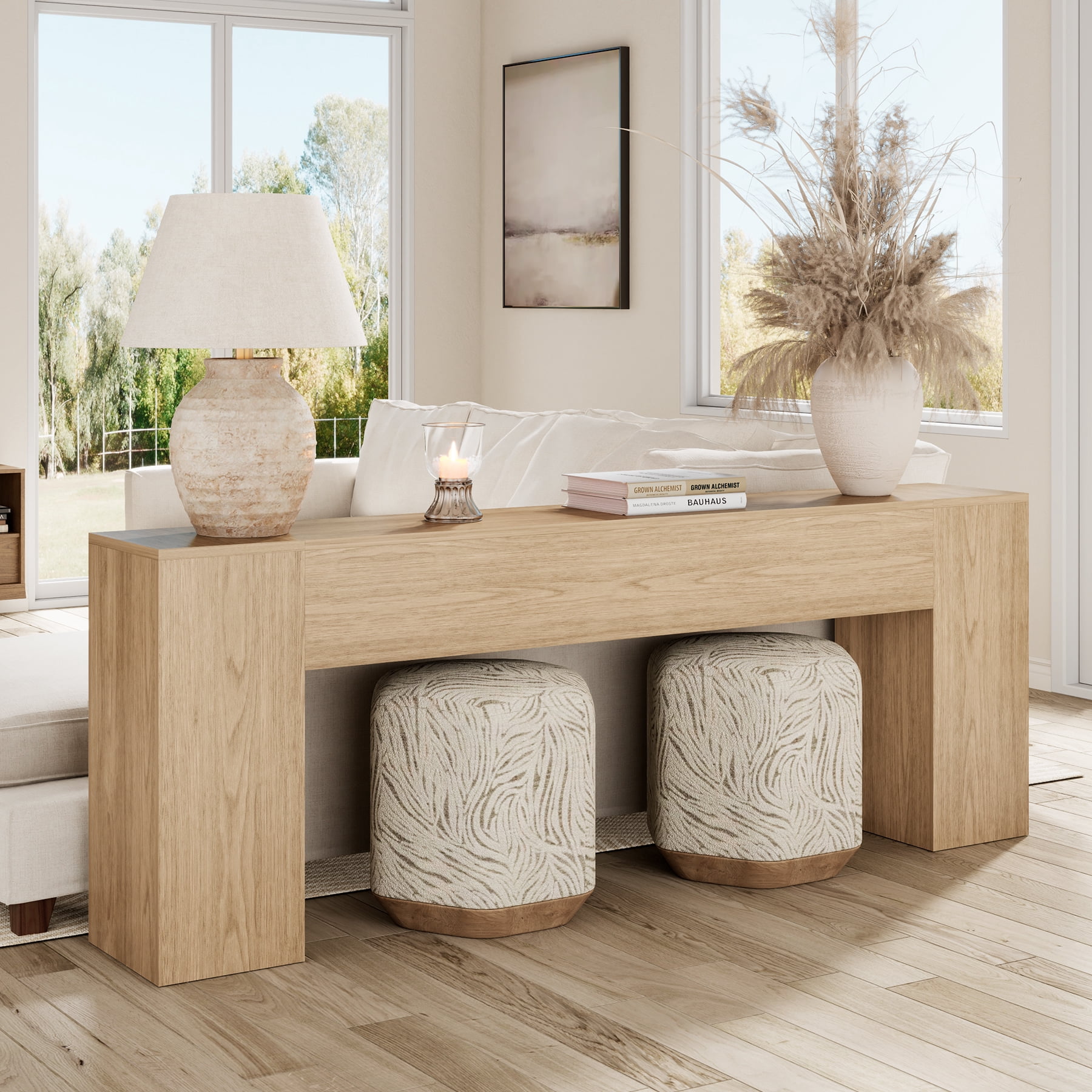 86-Inch Oak Console Table for Living Room, Farmhouse Extra Long Entryway Table, Wood Sofa Table Behind Couch for Hallway, Entry Way, Entrance, Light Oak