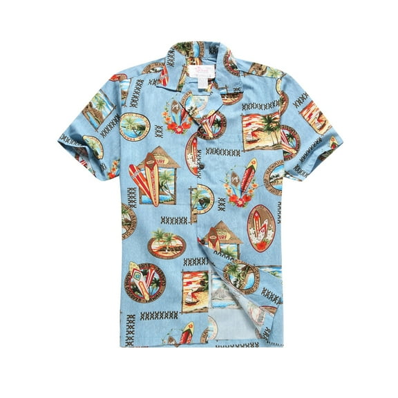 Made in Hawaii Men's Hawaiian Shirt Aloha Shirt in Surfboards and Palms in Blue L