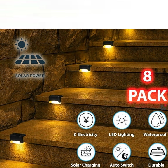 8 Pack Solar Deck Lights Outdoor, Waterproof Warm White LED Step Lamps for Stairs, Fence, Patio, and Garden