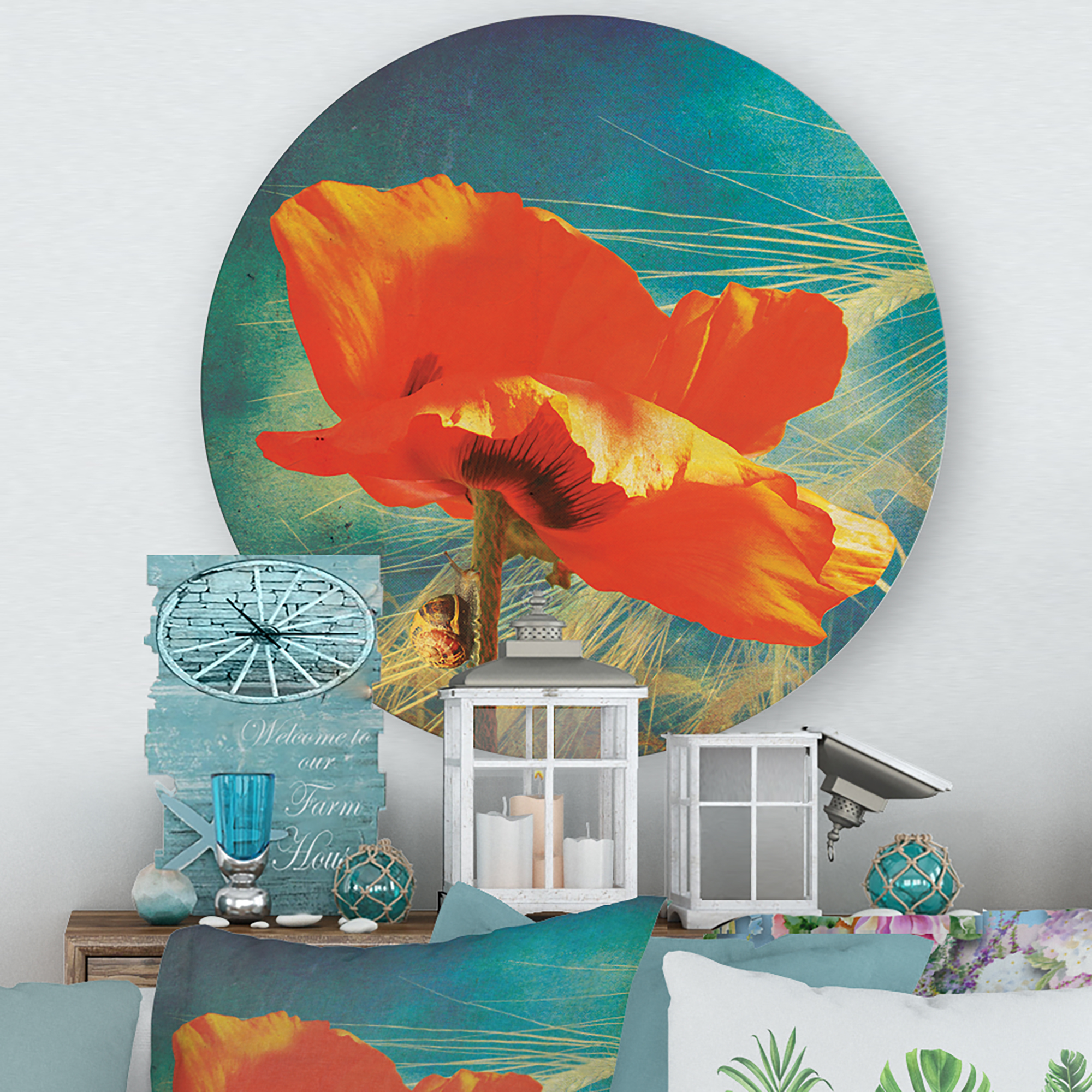 Designart 'Ancient Grunge Poppy' Traditional Circle Metal Wall Art 23x23 - Disc of 23