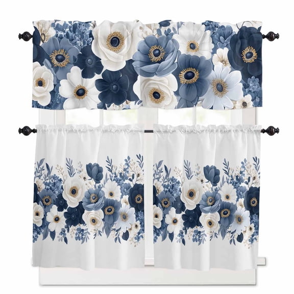 White Blue Flowers Kitchen Curtains Valances and Tiers Set of 3 Spring Pastoral Art Tier Curtains and Valance for Kitchen Bathroom Small Windows 27.5"W x 36"L (Pack of 3)