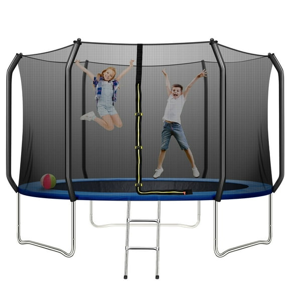 10 FT Trampoline for Kids & Adult with Safety Enclosure Net, Load 660 LBS Outdoor Trampoline with Waterproof Jump Mat and Ladder, Easy to Assembly, Curved Tube, Blue & Black