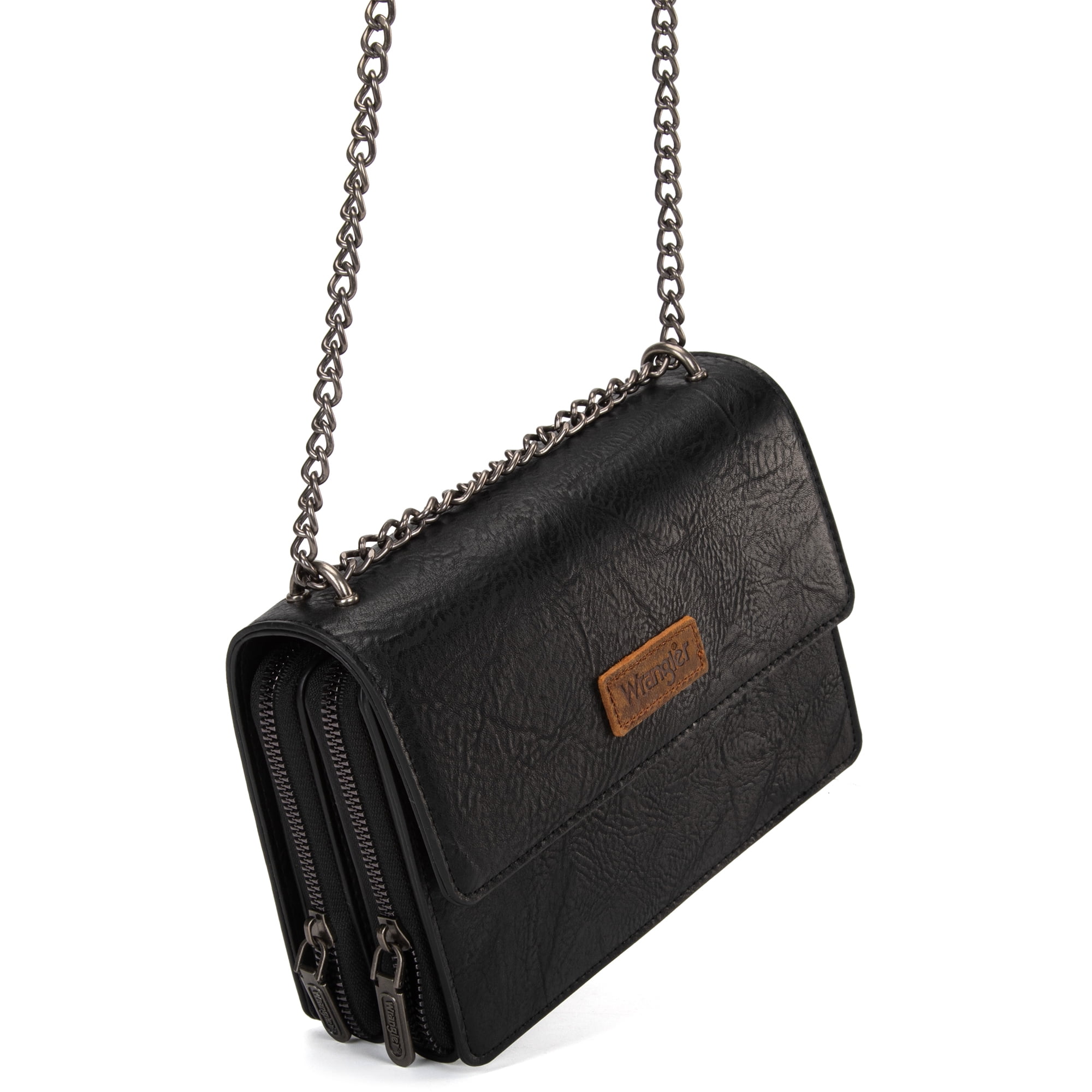 Wrangler Flap CrossBody Purse for Women Small Shoulder Bag with Chain Strap, Black
