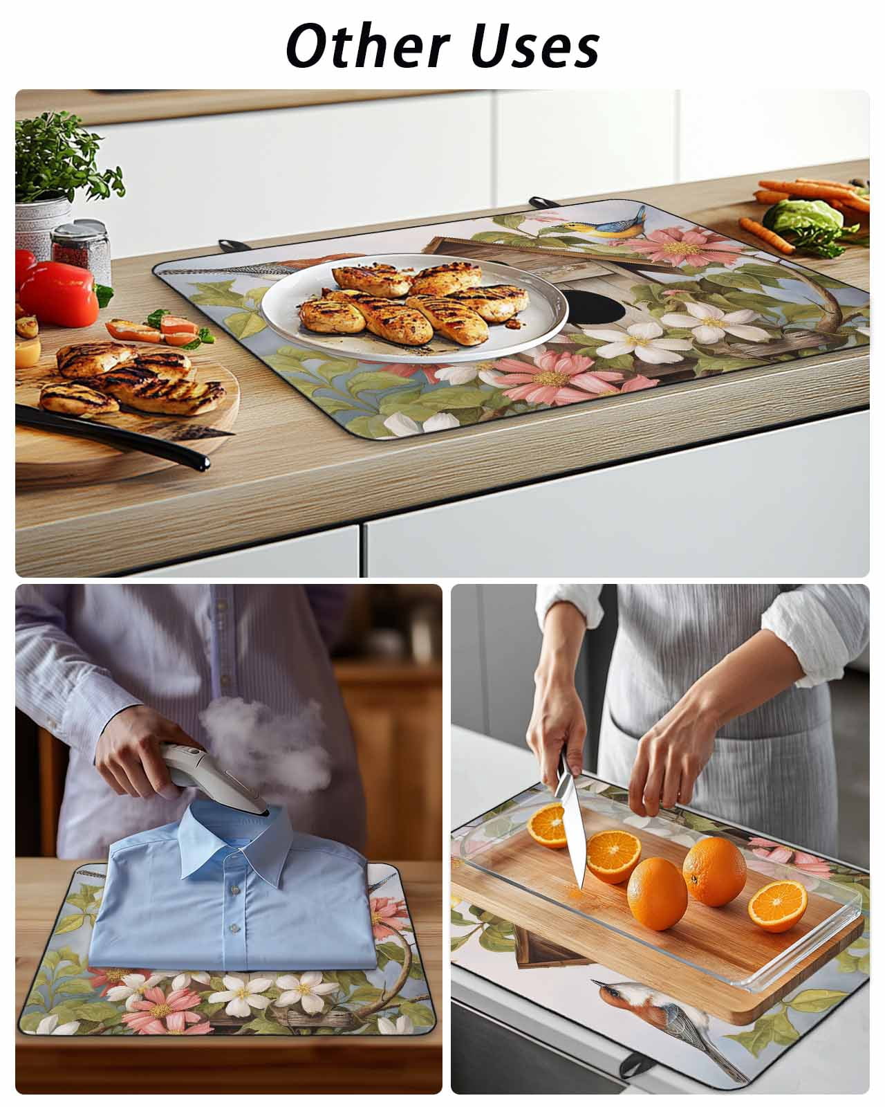 Stove Top Covers for Electric Stove, Birdhouse Vintage Glass Stovetop Cover Protector, Spring Floral Birds Botanical Induction Cooktop Protector Oven Mat for Kitchen Countertop 24"x21"