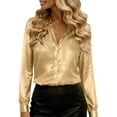 thumbnail image 2 of YFNNUP Women's Long Sleeve Button Down Shirts Smooth Metallic Color Party Blouse V Neck Collared Business Casual Work Tops, 2 of 5