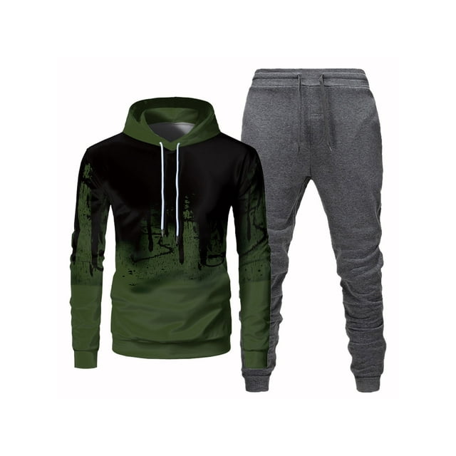 Daeful Sweatsuit Two Pieces Tracksuit Long Sleeve Jogger Set Men Lounge Active 2 Pcs Pullover Army Green Dark Gray L