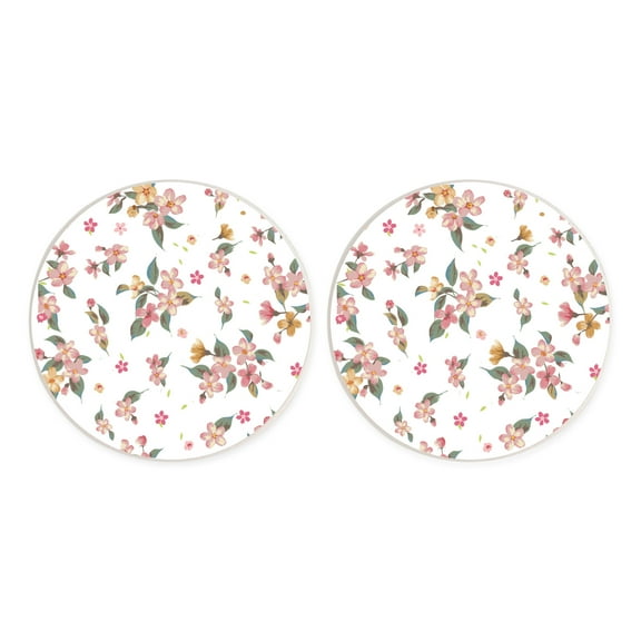 Pink Orange Floral White 2.75 x 2.75 Absorbent Ceramic Car Coasters Pack of 2