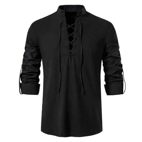 SWSMCLT Men's Linen Cotton Shirt Soft Spring Henley Shirt Long Sleeve Lace Up Top Vintage Mock Neck Casual Fall Fashion Slimming Black X-Large