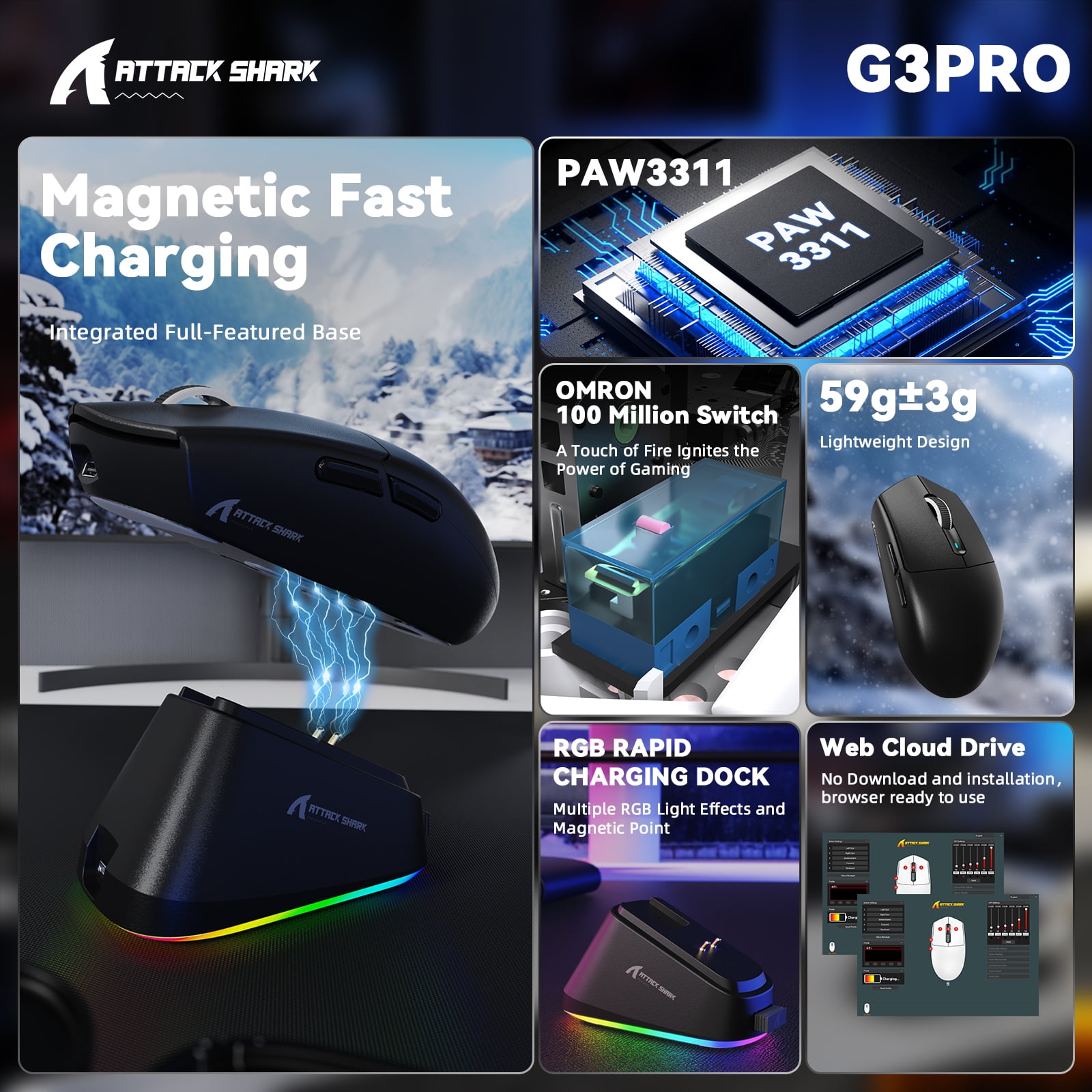 ATTACK SHARK G3PRO Gaming Mouse with Magnetic Charging Dock, PixArt PAW3311 Gaming Sensor, BT/2.4G Wireless/Wired Gaming Mouse, 25000 DPI, Gamer Mice for Win11/Xbox/PS/Mac (Black)