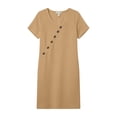 thumbnail image 3 of Vivianyo HD Women's V-Neck Diagonal Button Mini Tunic Dress, Womens Short Sleeve Solid Loose Casual Summer Dresses with Side Pocket for Vacation, Women's Khaki, Sizes S-2XL, 3 of 6