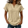 thumbnail image 3 of ClodeEU Women's V Neck Short Sleeve T-Shirt,Casual Solid Color Frayed Edge Top Beige,Women's Plus S, 3 of 9